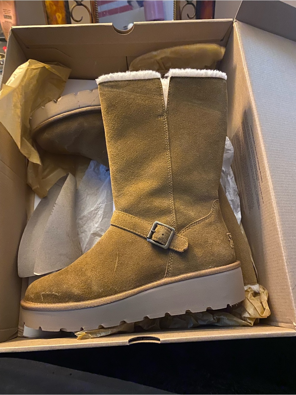 Koolaburra Chestnut Suede Fleece-Lined Mid-Calf Buckle Boots